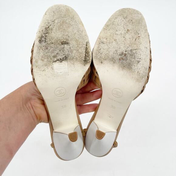 Chanel Vintage Retro Camel Tan Leather Woven Lattice Ankle Strap Heels EU 38 - Picture 11 of 14